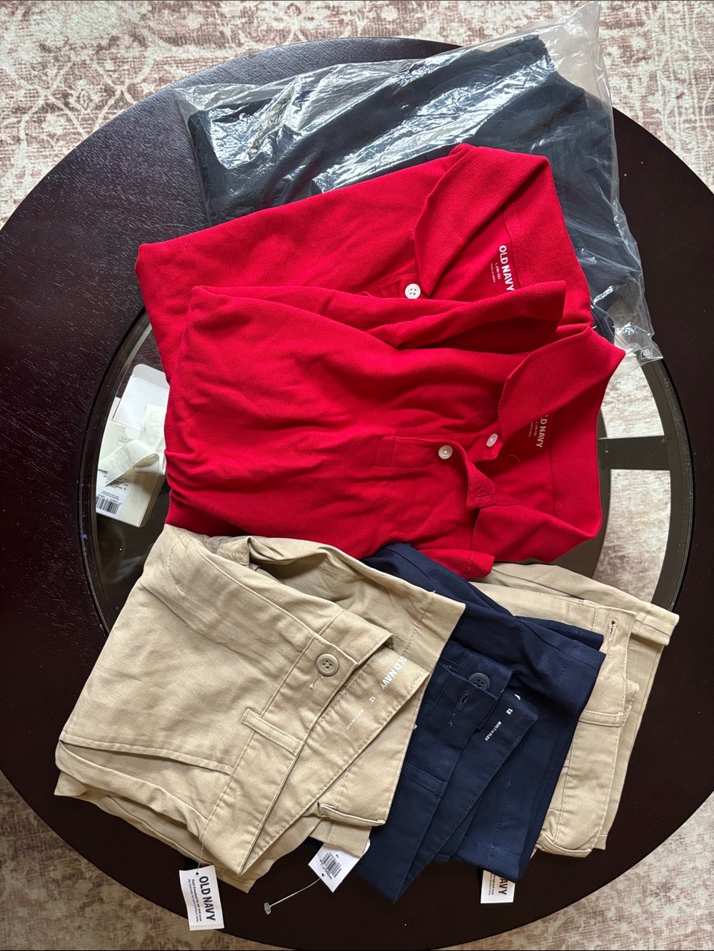 Old Navy Red Polo with Navy and Khaki Pants Trio
